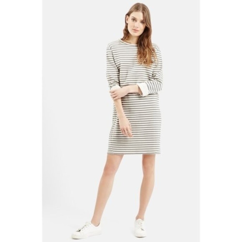 TOPSHOP Size 8 Gray White Striped Dress Cover Up Distressed 3/4 Sleeves Lounge